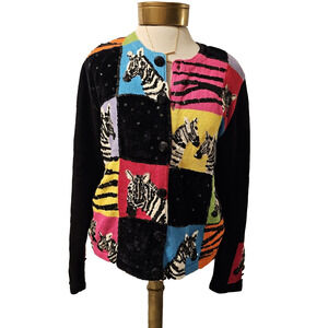 Berek 2 Takako Sakon Zebra Sequined NEON Embellished Cardigan Sweater Size M VTG